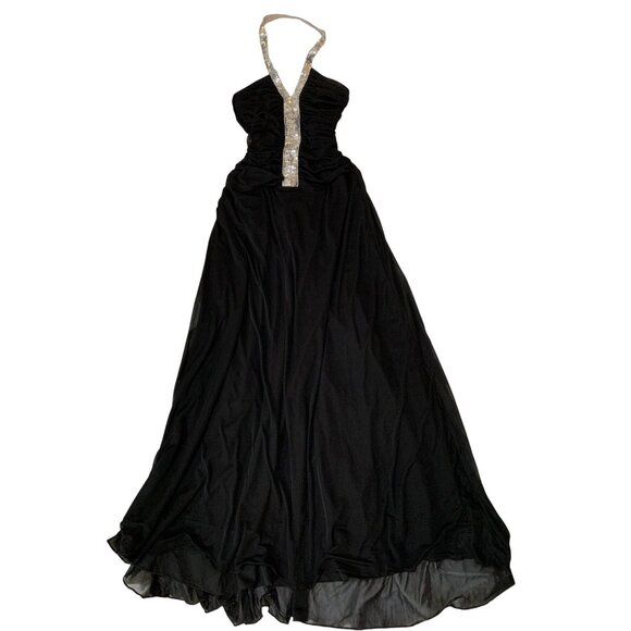 B Smart Sz 9/10 Formal Black Maxi Dress Silver Sequin Halter Ruched Y2K 8836 - Picture 1 of 11